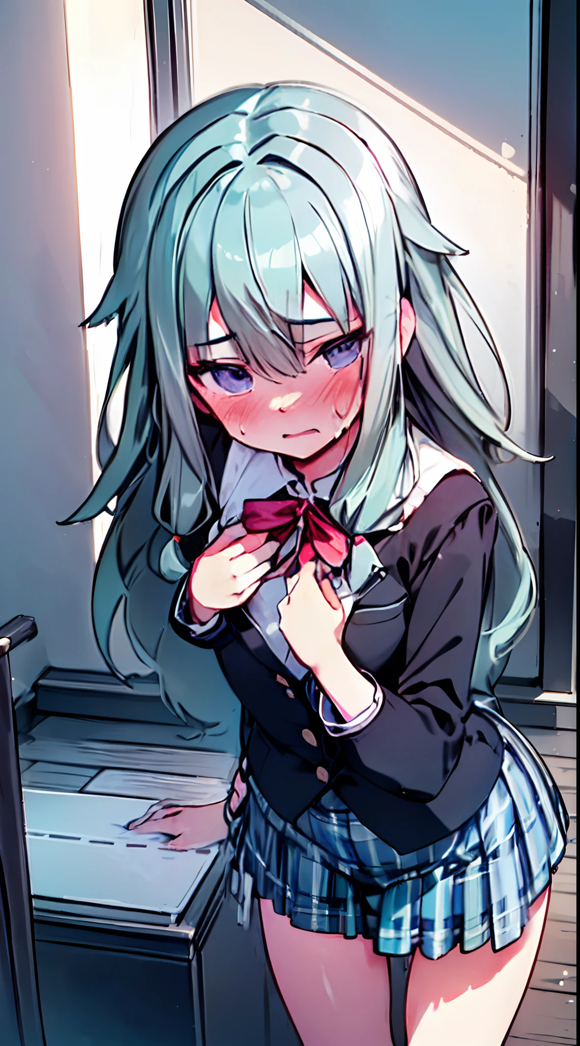 masuter piece, Best Quality,Illustration, Wallpaper, ultra -detail, a small face、(((molesting)))、barechested、((shame))、(Teary-eyed)、(((Nothing is worn)))、((Girl being touched by a man))、A man pulls up a girl's skirt 、Angle from below、ample breasts