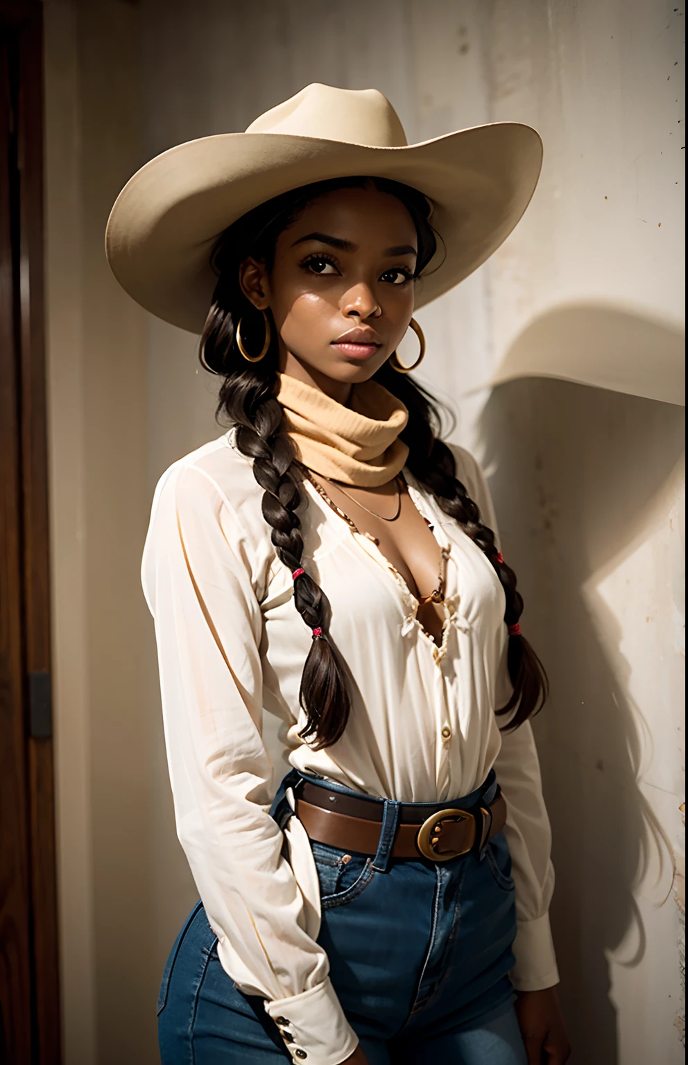 Sepia color "wanted" poster typical of the old west Anime style western holster clothing wide-brimmed hat, epaulettes, Texas rodeo boots, old west revolver Full body Name: Zuri Physical Characteristics: Zuri is a yo ung woman of African descent with a natural and striking beauty. Her skin is a warm ebony tone, with a healthy glow despite the hard days of work in the cotton field. His eyes are deep and expressive, a dark brown that highlights their intensity. Her hair, curly and thick, frames her face with an ebony cascade, and she often has a scarf or ribbon adorning her braids. Their facial features are harmonious, with pronounced cheekbones and soft lips that convey strength and determination.