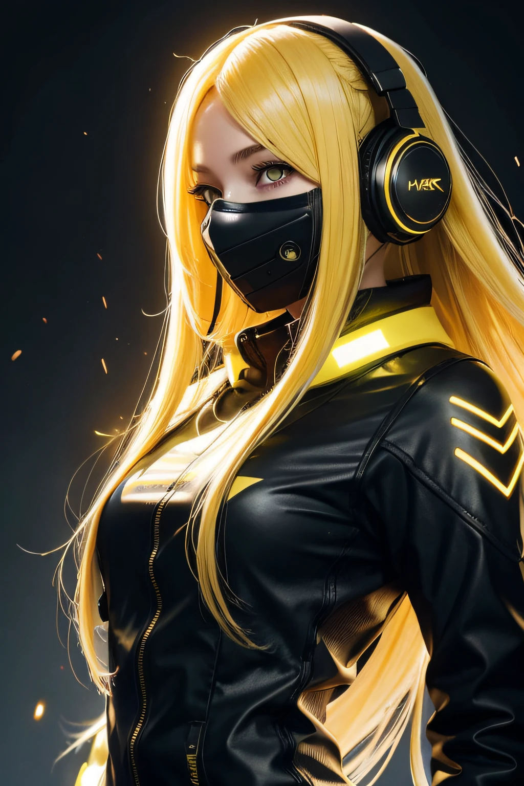 girl with long yellow hair, yellow eyes, futuristic vibes, mask on mouth, headphones, 8k, high quality, simple background, glowing eyes, nice pose