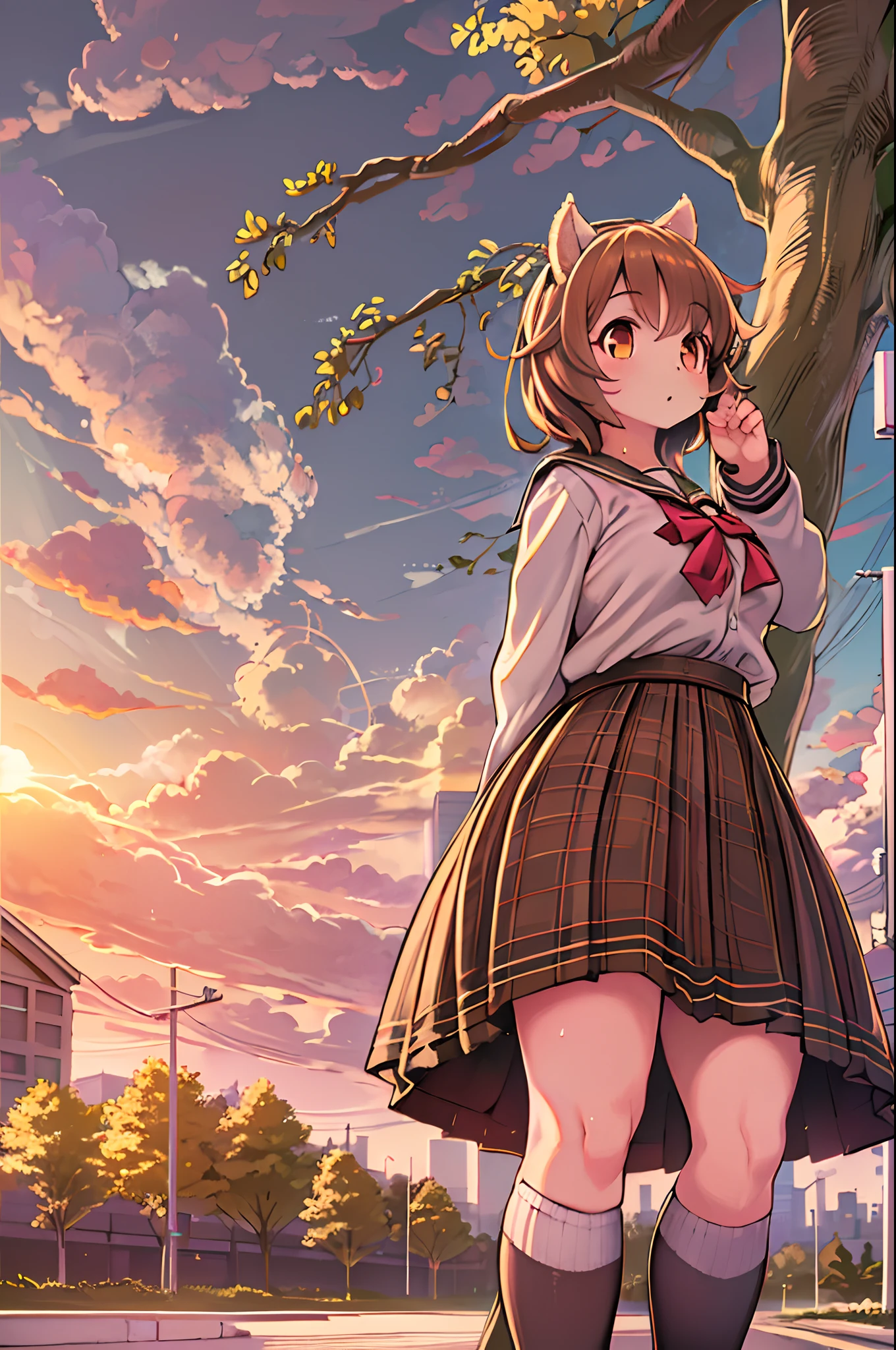 Sally Acorn, 1girl in, Solo, tree, skyporn, Outdoors, Skirt, cloud, brown, hair, Sunset, lens, f lare, Scenery, School, uniform, Sun, Wind, long, sleeves, animal snout