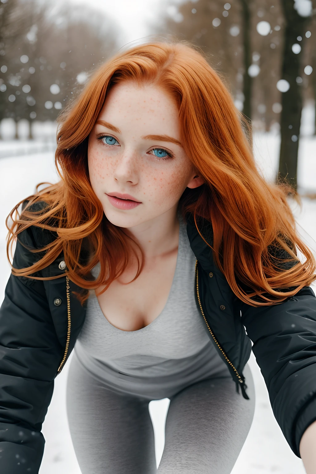 Woman in a winter forest, celtic european beauty, Long and red hair,  red hair, upper body shot, winter jacket, ginger, freckles, smooth skin, red hair, white skin, Mujer en un bosque de invierno, celtic european beauty, Cabello rojo y largo, red hair, Brazos cruzados , Parte superior del cuerpo, winter jacket, ginger, freckles, smooth skin, red hair, white skin, (full naked body), (perfect body),(perfect small breasts), (expressive face:1.4), (sexy pose:1.2), portrait, Looking at camera, (Highest quality), sony A7sIII, film stock,  photograph , kodak 400 camera f1.6 lens, cinestill 800, (Lente de 28 mm), third rule, rich colors , lifelike, texture, natural lighting