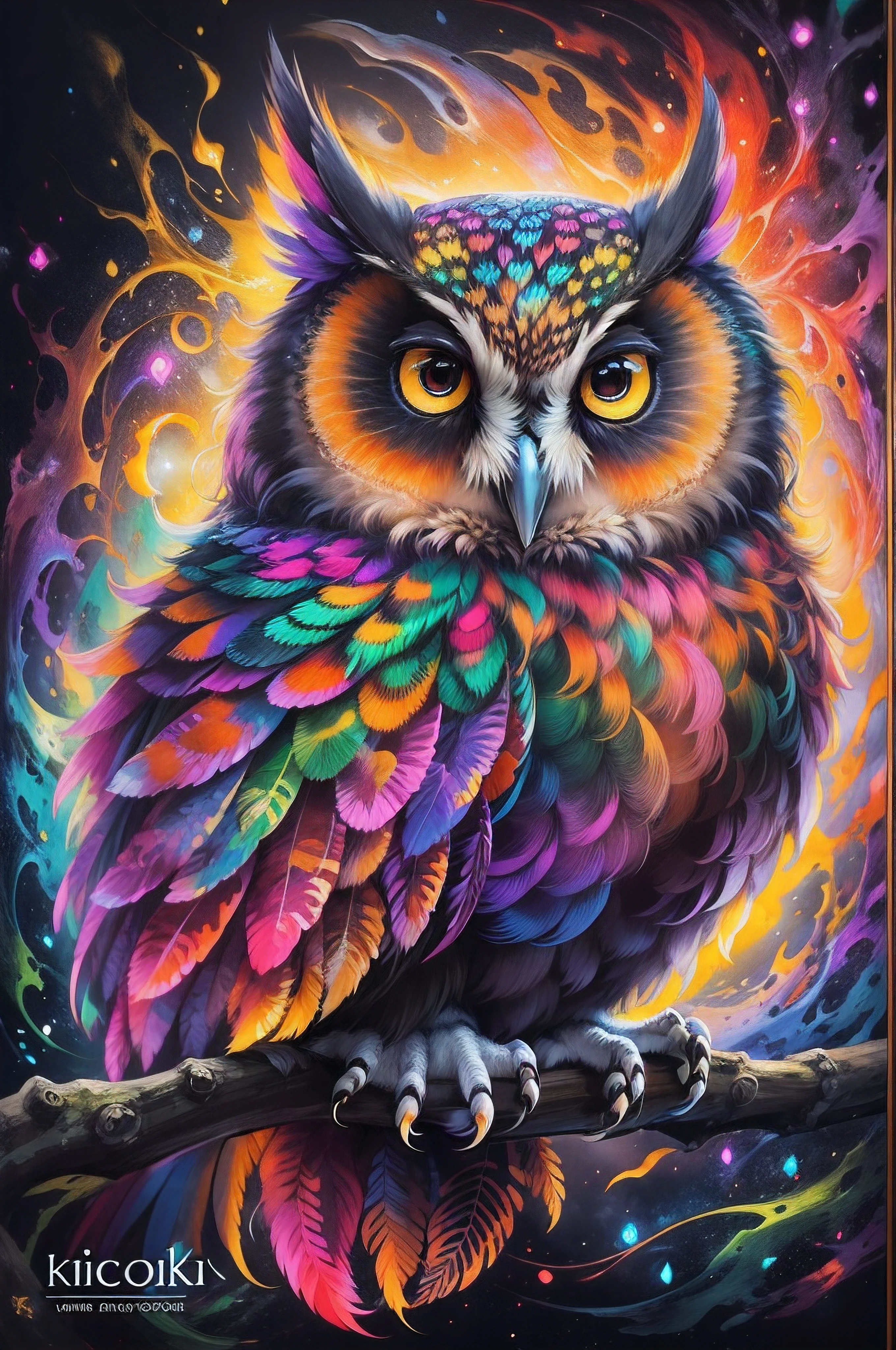 a painting of a colorful owl on a black background,, breathtaking rendering, within a radiant connection, inspired by Kinuko Y. Craft,, magical elements, kitten icon, wow, is beautiful, casting a multi colorful spell, bright flash, flash