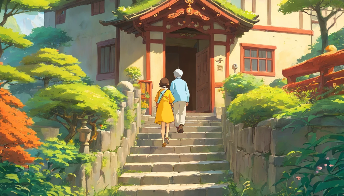 Vector illustration of elderly couple walking on stairs near beautiful garden,The body of the rickets, In the style of the terrain of northern China, UHD image, Light orange and yellow, Free-flowing surrealism, ferrania p30, Floral and Nature Motifs - Chaos 20 - NII 5 - AR
77:128
