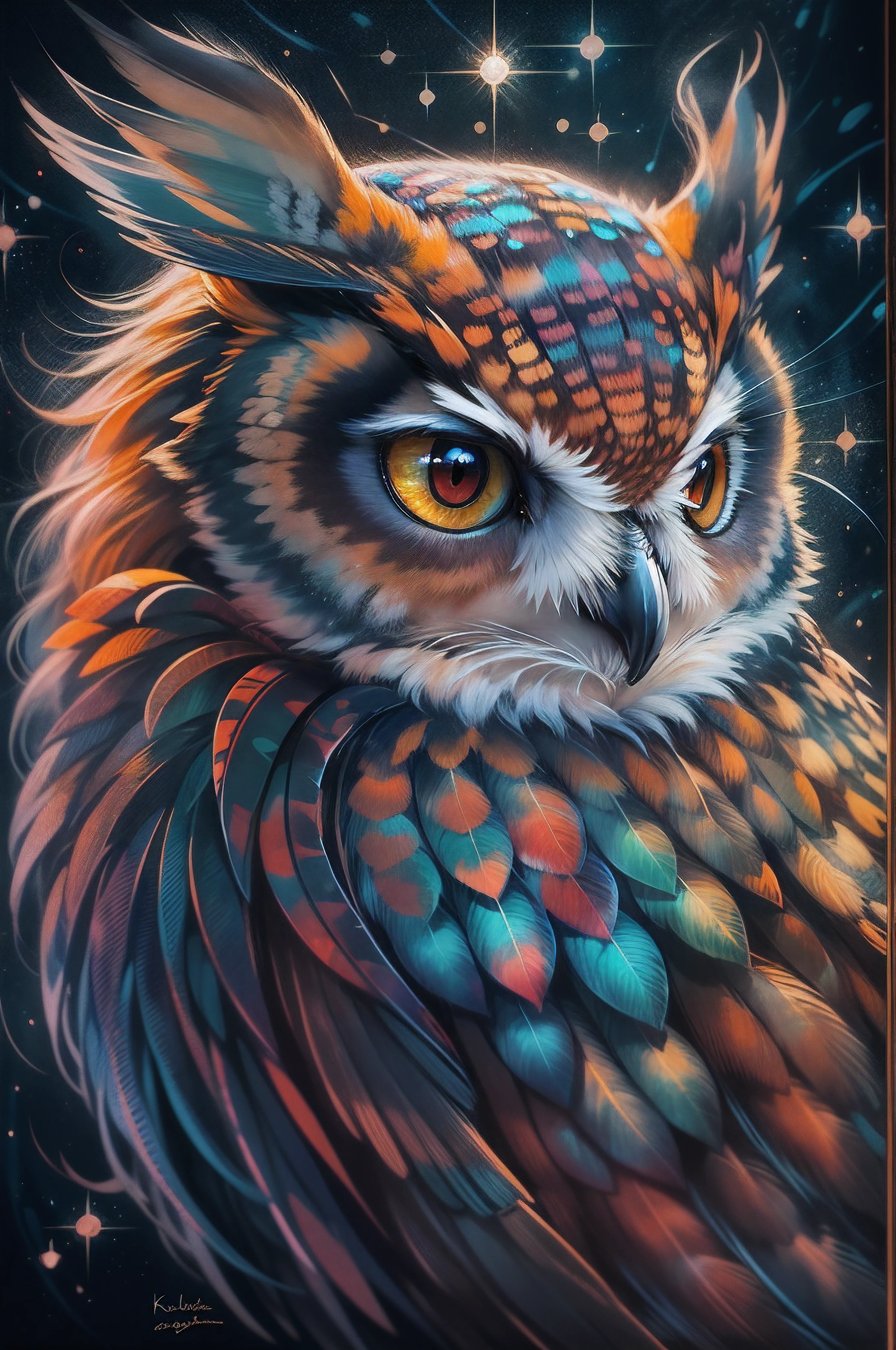 a painting of a colorful owl on a black background,, breathtaking rendering, within a radiant connection, inspired by Kinuko Y. Craft,, magical elements, kitten icon, wow, is beautiful, casting a multi colorful spell, bright flash, flash