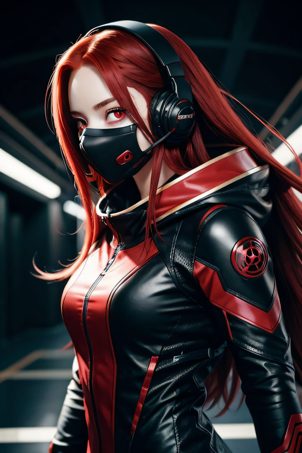 girl with long red hair, red eyes, futuristic vibes, mask on mouth, headphones, 8k, high quality, simple background, glowing eyes, nice pose