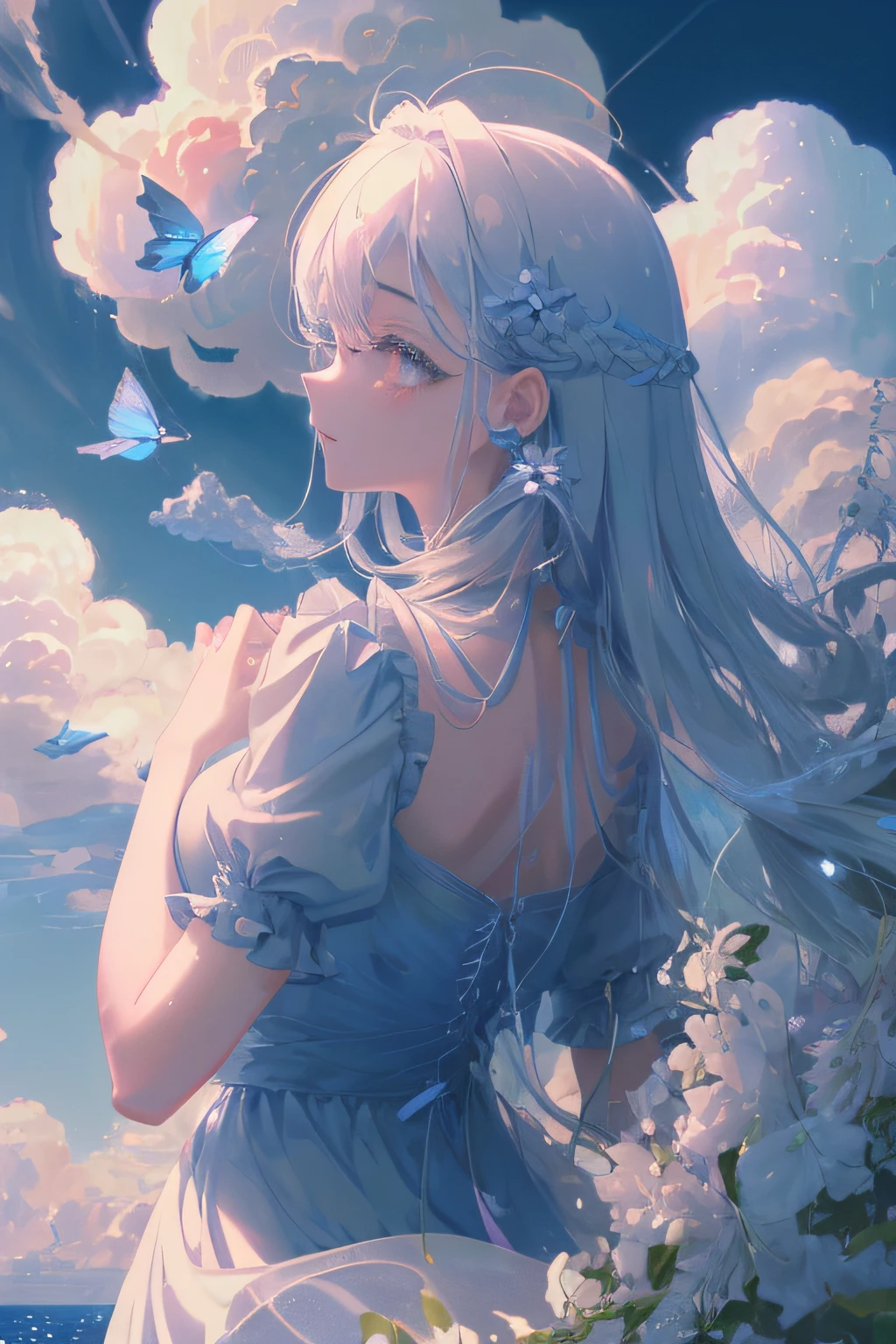 Cornflower Art、dream-like、(top-quality、​masterpiece、hight resolution、电影灯光、volume illumination、contour deepening、(Back lighting)、profile、Very detailed 8k wallpaper、1girl in、Lori、Chiffon dress、extremely delicate and beautiful、beatiful detailed eyes、white_hair、[[long_hair]]、Medium_breasts、(cumulus:1.35)、(beautiful detailed cloud)、Blue butterfly、The upper part of the body), (Soft light:1.3), Detailed face, Detailed eyes, Flower Garden