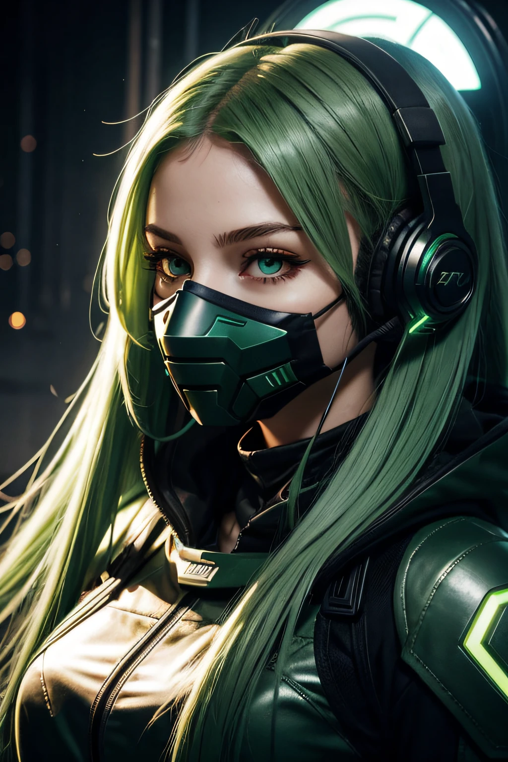 girl with long green hair, green eyes, futuristic vibes, mask on mouth, headphones, 8k, high quality, simple background, glowing eyes, nice pose