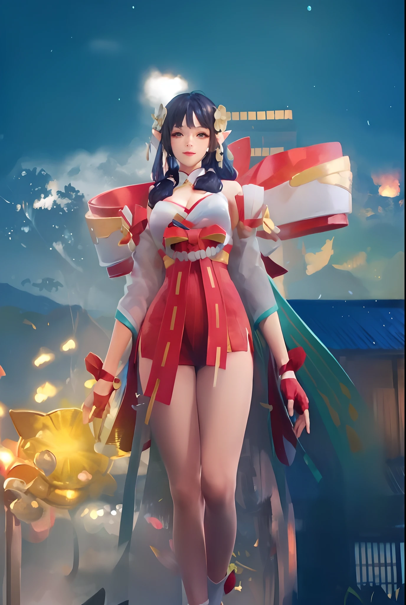 ((big breasts)), cute girls, elf, 1girl, solo, long hair, looking at viewer, smile, skirt, large breasts, black hair, hair ornament, gloves, cleavage, brown eyes, detached sleeves, japanese clothes, wide sleeves, blunt bangs, fingerless gloves, girl standing in lake, lotus, lotus leaf, cherry blossom, koi fish, japanese temple, (masterpiece,best quality:1.5)