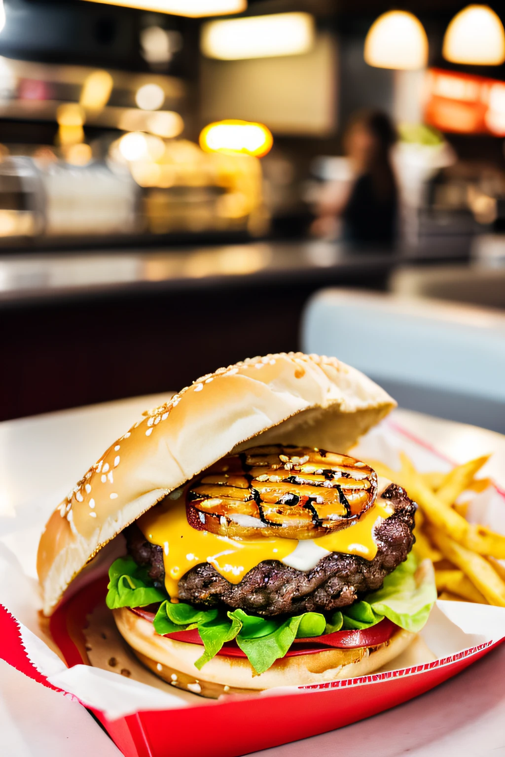 girl eating a burger,brightly lit,3D rendered,fast food,juicy burger,cheese dripping,nourishing,comfort food,cheerful atmosphere,smiling girl,crunchy fries,soft buns,sesame seeds,fresh lettuce,tomato slice,pickles,burger sauce,tasty mayonnaise and ketchup,thick patty,grilled onions,sizzling bacon,melted cheese,perfectly cooked,burger wrapping paper,transparent plastic tray,fresh and appetizing,beautifully presented,delicious aroma,high quality ingredients,vibrant colors,tempting,greasy fingers,fast food culture,modern joy. (best quality,4k,8k,highres,masterpiece:1.2),ultra-detailed,(realistic,photorealistic,photo-realistic:1.37),fast food restaurant ambiance,customer satisfaction.