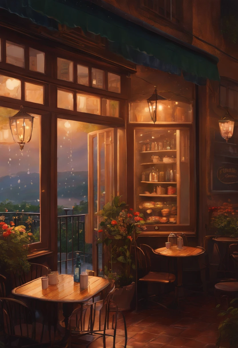 ghibli art, interior of a cafe, raining outside window, video hi-res, cosy vibes