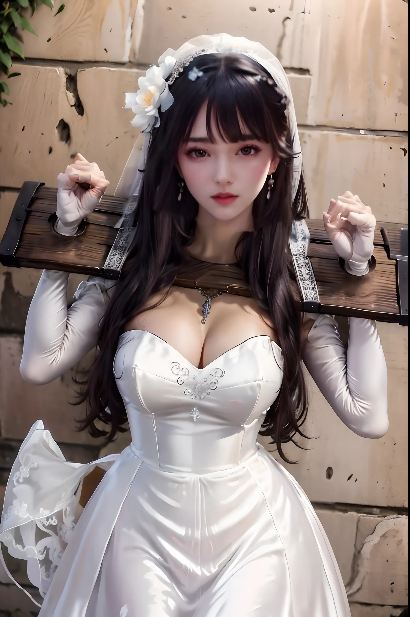 Close-up of a beautiful bride in a beautiful wedding dress, Gurvetz,( pillory:1.5), Flail on the head, Flail on the hands, Flail,(Bridal veil: 1.5), (Short transparent veil: 1.5), Flushed face, Head flower, head gear, (Tubular wedding dress: 1.5), (Silk dress: 1.2 ), (Strapless wedding dress: 1.5), Pure white dress, necklace, Earrings, (Huge breasts: 1.3), Deep V heart collar wedding dress, bangs, lipstick, (Lace gloves: 1.3), Full body photo, High detail RAW color art, a white long skirt, Whole body, with hands behind her back, and floor-length skirts,