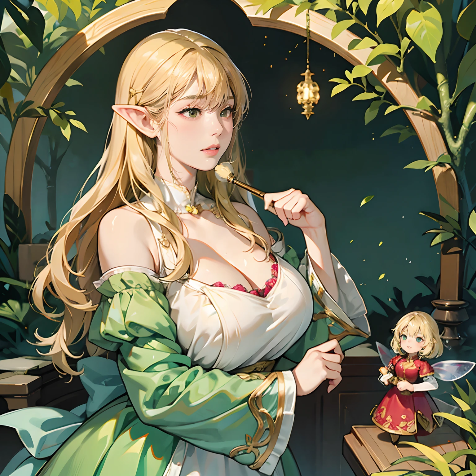 Women in Their 20s, 2 females:2.0、offcial art, unity 8k wall paper, ultra-detailliert, beautifly、Aesthetic, ​masterpiece, top-quality, Photorealsitic, Female Elf、Dark green eyes、blondehair、Braids:2.0、Pointed ears、Dark green costume、Light green blouse、Gold Brooch、golden hair ornaments、Big magic wand:2.0、Big bag、depth of fields, Fantastic atmosphere, Calm palette, tranquil mood, Soft shading、Ruins in the forest、Ruins covered in vegetation、Crumbling stone statue、Green Tree々、Beautiful Landscapes、bbw、Huge breasts、very large breast、plump figure、Shining Fairy:2.0、Fairy Dust:1.6、Light powder、A large wooden wand with a twist、