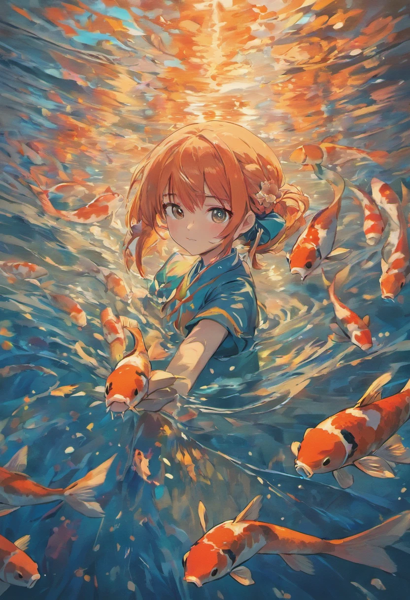 A girl holds a koi fish