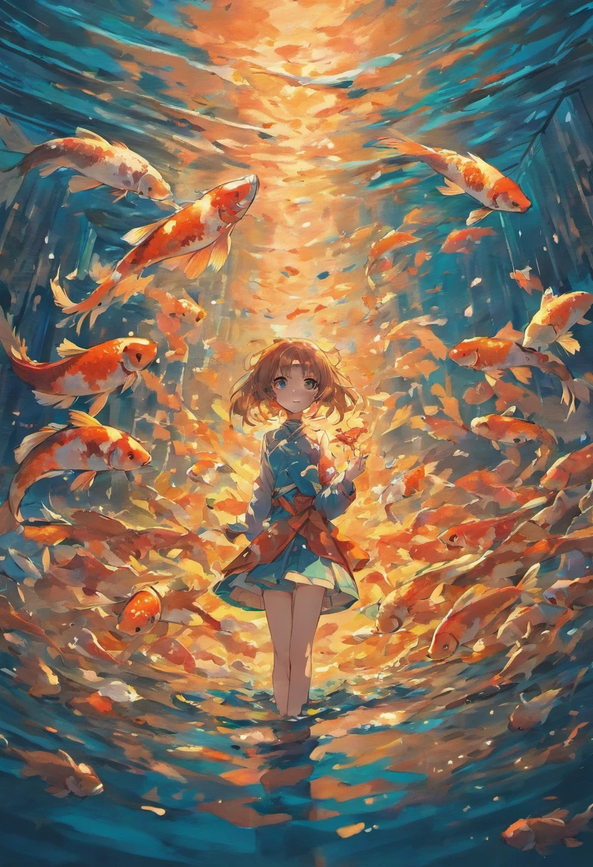 A girl holds a koi fish
