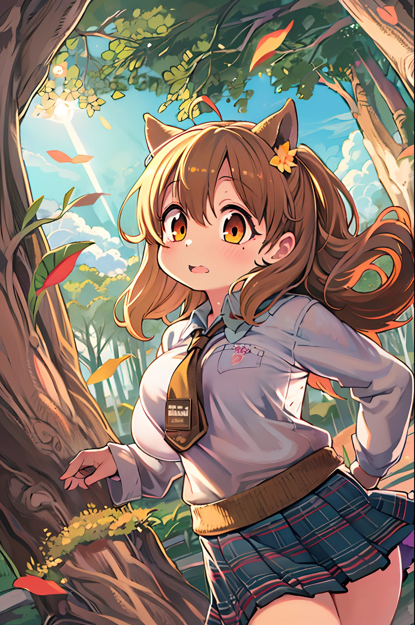 Sally Acorn, 1girl in, Solo, tree, skyporn, Outdoors, Skirt, cloud, brown, hair, Sunset, lens, f lare, Scenery, School, uniform, Sun, Wind, long, sleeves, animal snout
