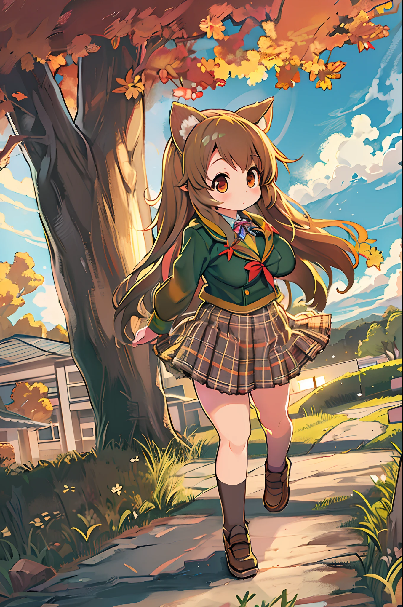Sally Acorn, 1girl in, Solo, tree, skyporn, Outdoors, Skirt, cloud, brown, hair, Sunset, lens, f lare, Scenery, School, uniform, Sun, Wind, long, sleeves, animal snout