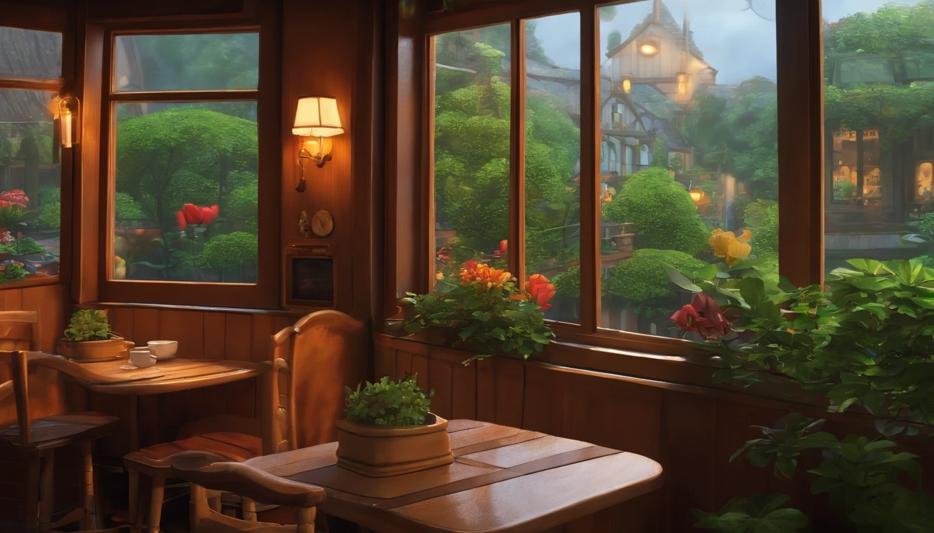 ghibli art, interior of a cafe, raining outside window, video hi-res, cosy vibes