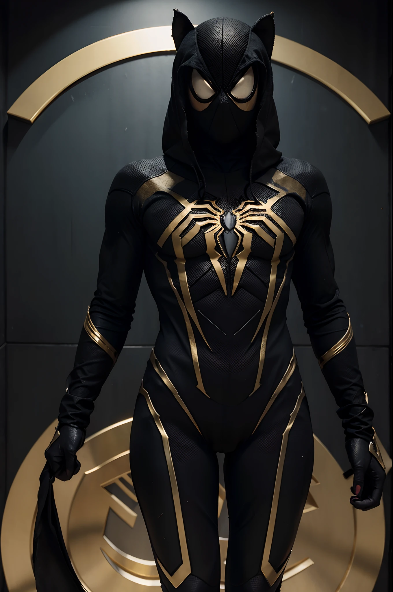 masterpiece,best quality,absurdres,high details,8K,photorealistic,amazing body,cowboy shot,at distance,posing,flirting,(playful gaze, smirking:1.1),1girl,<lora:spider_oc:1>,spider_oc,(golden bodysuit:1.33),(hooded bodysuit:1.2),superhero,rooftop of the skyscraper,<lora:Bliznyashki:1>, robot,braided hair,jacket,(metal skin:1.3),