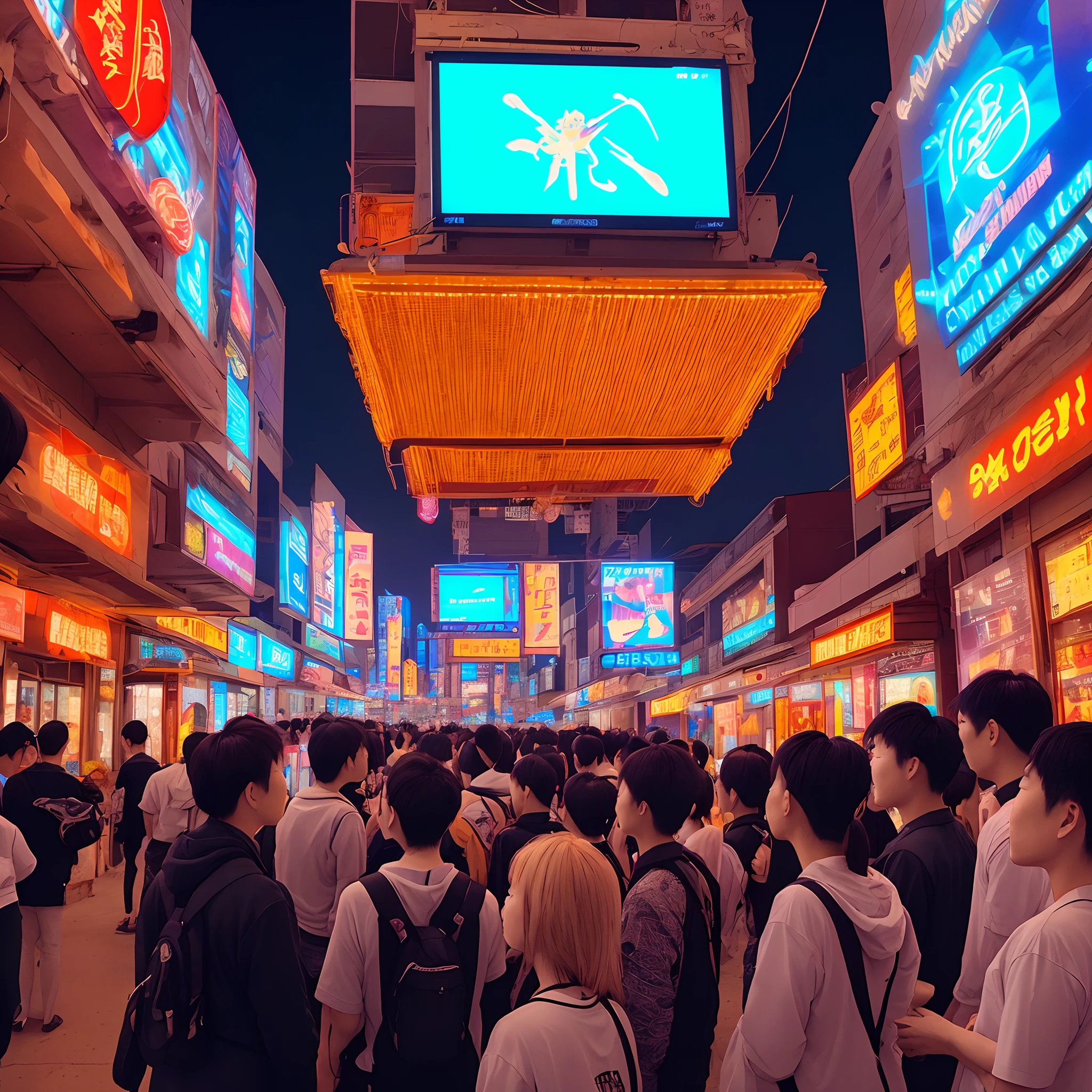 Bunch of Asian people staring at something up close above that has neon lights