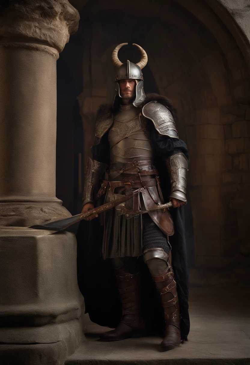 Schwarzes Horn, armour, Bibliothek, Rote Augen, Horn, Umhang, Rock, Lange Stiefel, Braunes Haar, Fenster, mad, Stirnrunzeln