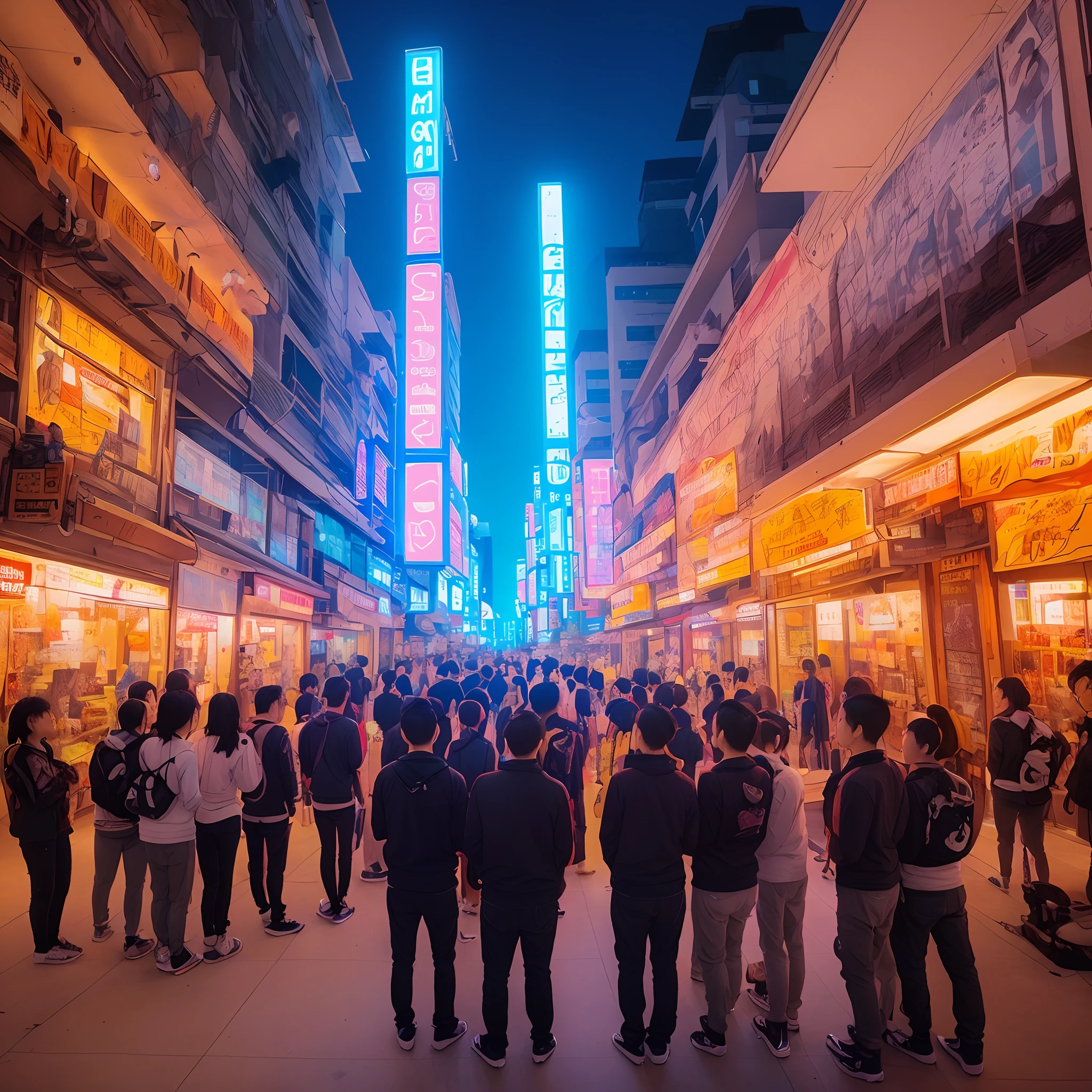 Bunch of Asian people staring at something up close above that has neon lights