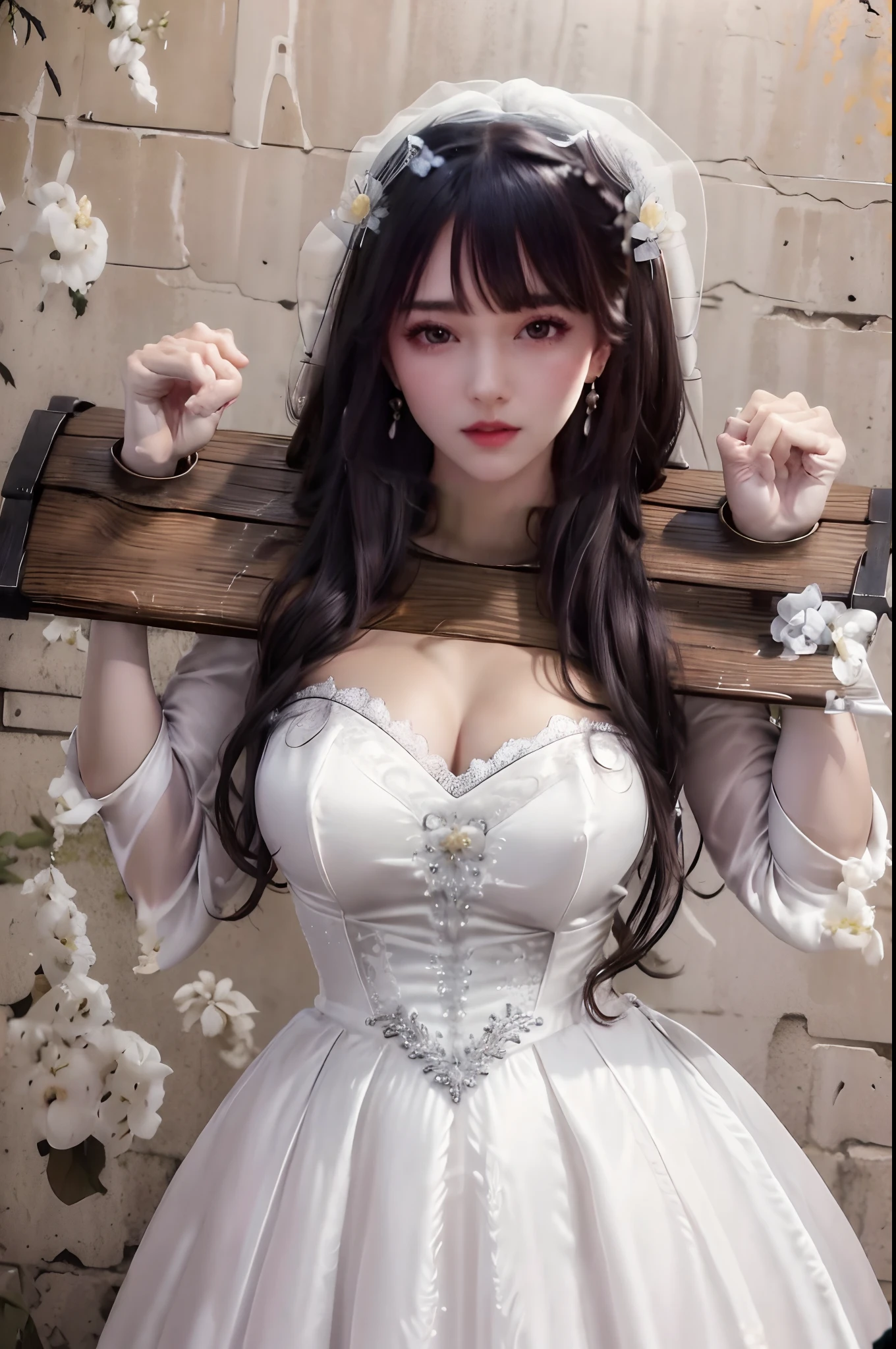 Close-up of a beautiful bride in a beautiful wedding dress, Gurvetz,( pillory:1.5), Flail on the head, Flail on the hands, Flail,(Bridal veil: 1.5), (Short transparent veil: 1.5), Flushed face, Head flower, head gear, (Tubular wedding dress: 1.5), (Silk dress: 1.2 ), (Strapless wedding dress: 1.5), Pure white dress, necklace, Earrings, (Huge breasts: 1.3), Deep V heart collar wedding dress, bangs, lipstick, (Lace gloves: 1.3), Full body photo, High detail RAW color art, a white long skirt, Whole body, with hands behind her back, and floor-length skirts,