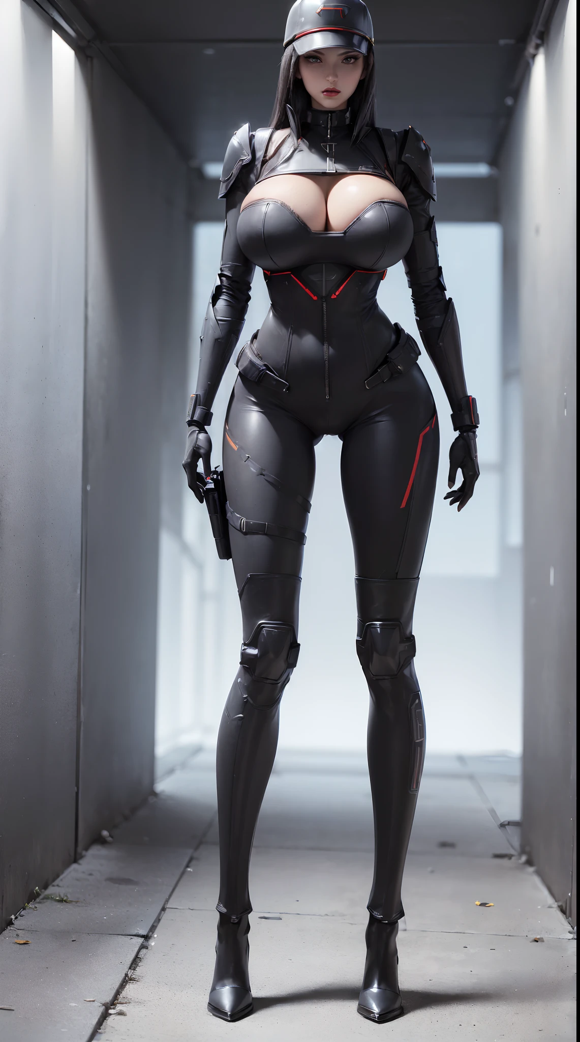 (1GIRL,SOLO:2), (super detailed face, cap), ((BIG BUTTOCKS, HUGE FAKE BREASTS:1.5)), (CLEAVAGE TOP, BARE HIPS:1.5), (11 LINE ABS FEMALE:1.4), (MECHA GUARD ARM:1.4), ((WEAR BLACK OVERWATCH MECHA BATTLE ARMOR SUIT, BLACK MECHA SKINTIGHT SUIT PANTS, MECHA GUARD ARMOR LEGS, HIGH HEELS:1.5)), (MUSCULAR VOLUPTUOUS BODY:1.3), (GLOWING SKIN:0.8), (LONG LEGS, FULL BODY:1.1), (PORTRAIT:1.3), (female focus:0.886), (WALKING DOWN HALLWAY OF FUTURISTIC SPACE STATION:1), (BRIGHT LIGHT WHITEROOM:1.3), SUPER TEXTURE, UNREAL ENGINE RENDER, PHYSICALLY-BASED RENDERING, ULTRA HIGHT DEFINITION, 16K, 1080P.