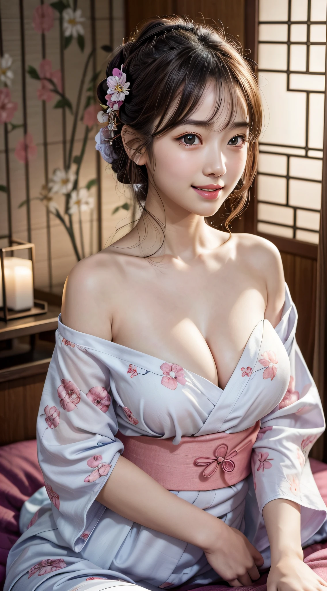 1girl, extremely cute face, Amazing face and eyes, (highly detailed eyes, highly detailed face), Fresh, very clean appearance, (hyper-realistic, hight resolution), (best Quality:1.4), Raw photo, (Realistic, Photorealsitic:1.37), Professional Photography, Cinematic Light, (floral pattern yukata:1.25), (amazing big breasts:1.1), (open yukata), (bare shoulders), (nape of the neck:1.5), Smile slightly, Staring at me, Bedroom, futon, pillow, floral patterned screens, relaxing, lantern light, candle light,