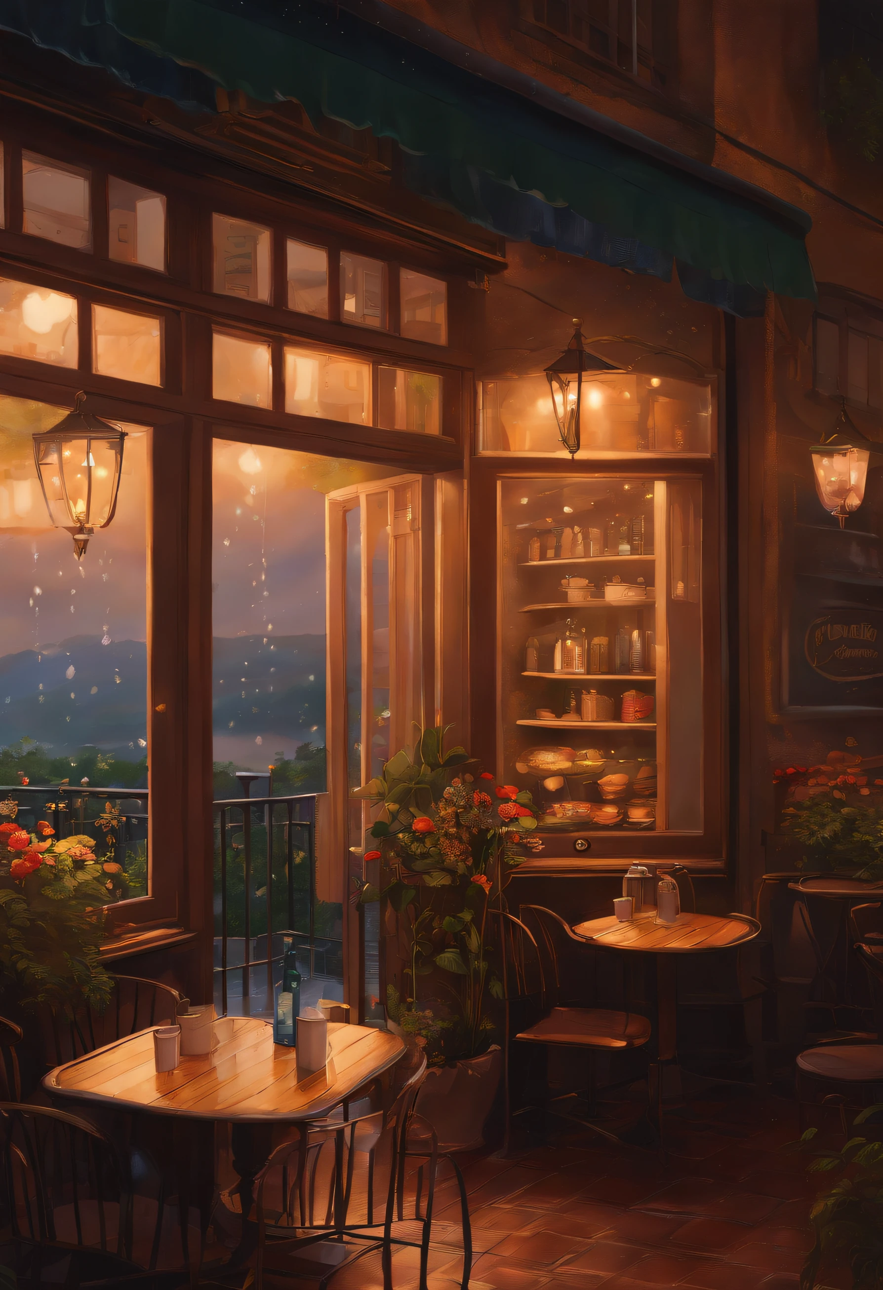 ghibli art, interior of a cafe, raining outside window, video hi-res, cosy vibes