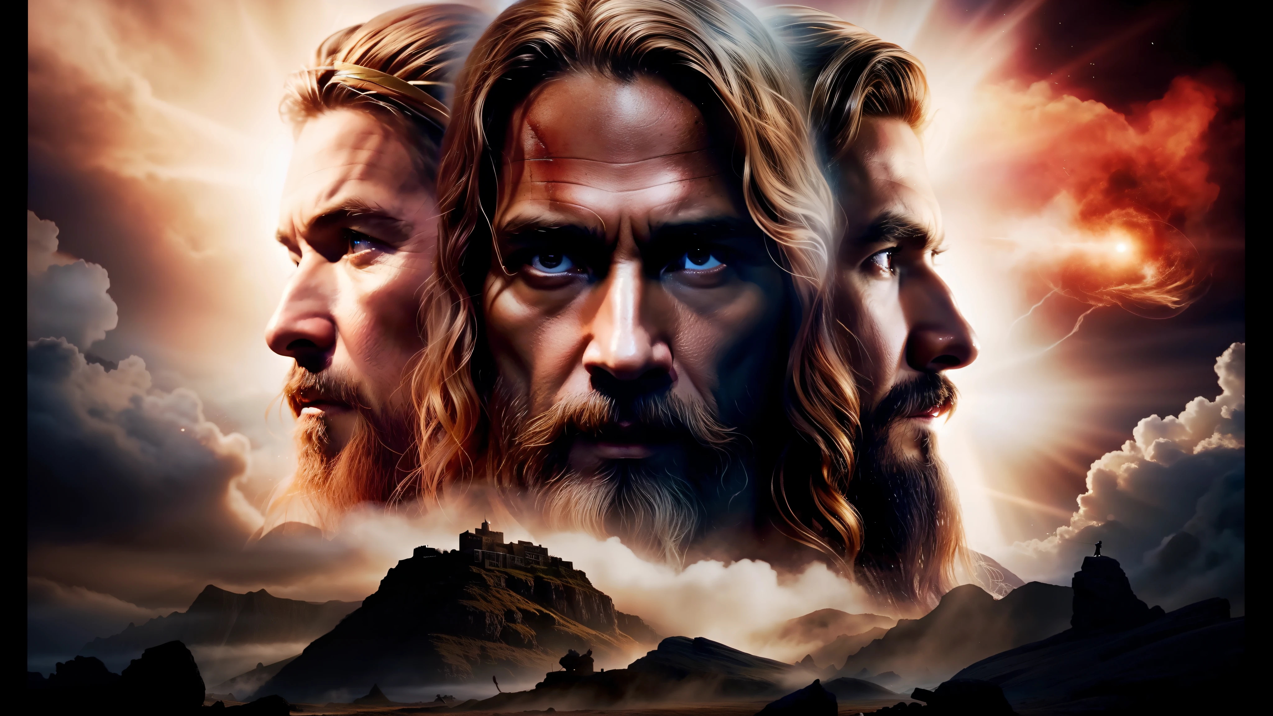 a closeup of a movie poster with a Moses man, jesus, Elijah of the Bible, curar, dramatic artwork, innblásin af Þórarinn B. Thorlaksson, VIQUINGUES, Programa de TV, arte chave, Retrato pintado de Odin acidentado, Directed by: Adam Marczyński, dramatic art, viking heaven, Directed by: Adam St. Peter's, arte oficial