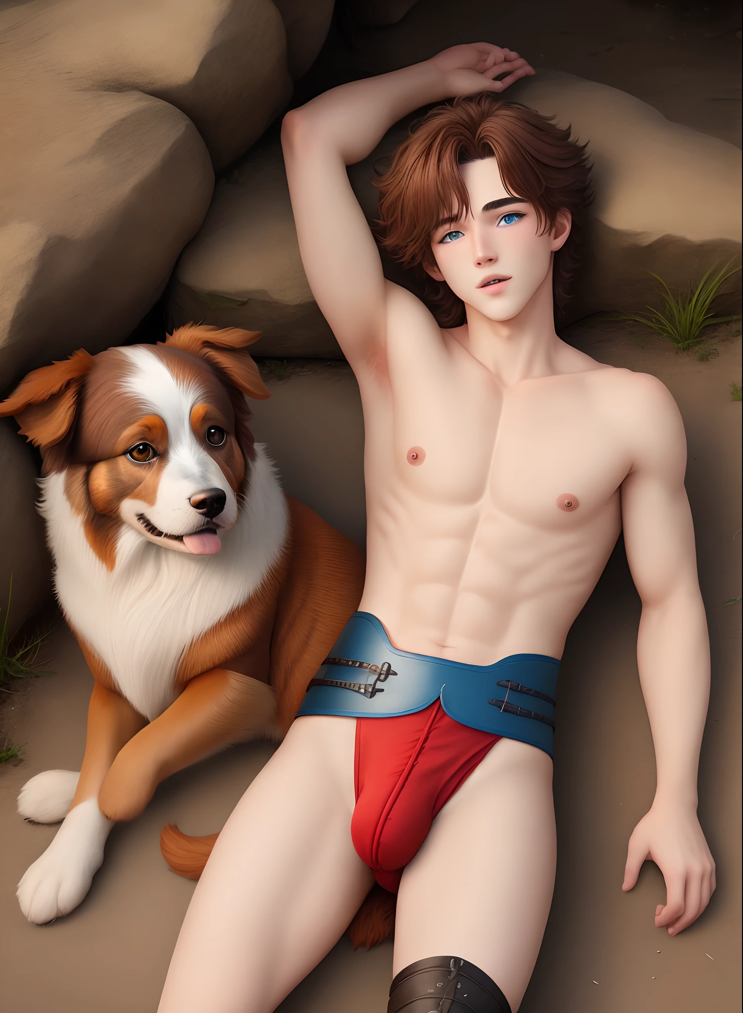 Twink furry red australian shepherd with blue eyes laying down with sheath and small tits