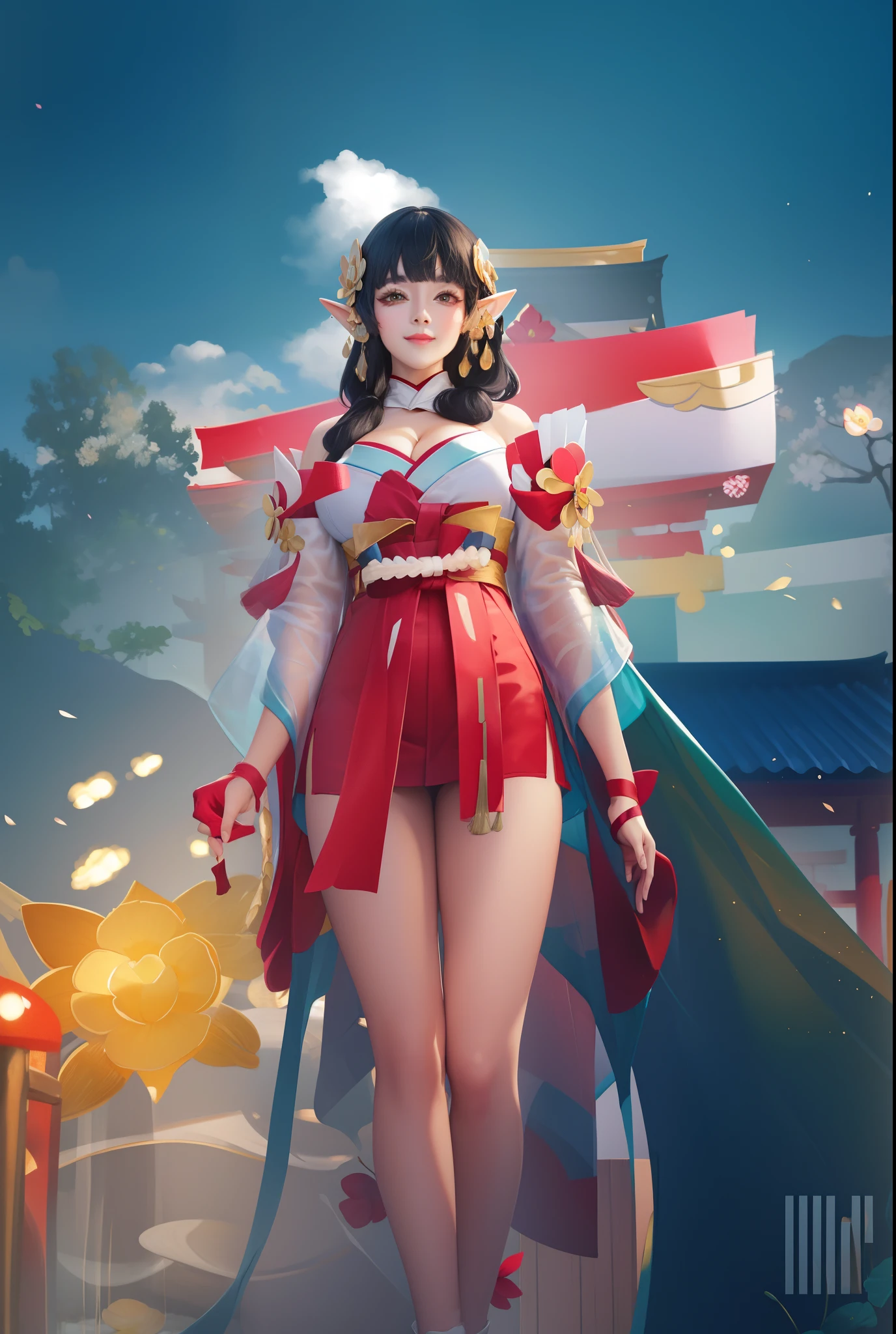 (((big breasts))), cute girls, elf, 1girl, solo, long hair, looking at viewer, smile, skirt, large breasts, black hair, hair ornament, gloves, cleavage, brown eyes, detached sleeves, japanese clothes, wide sleeves, blunt bangs, fingerless gloves, girl standing in lake,full body, lotus, a slim navel, lotus leaf, cherry blossom, koi fish, japanese temple, (masterpiece,best quality:1.5), femoral