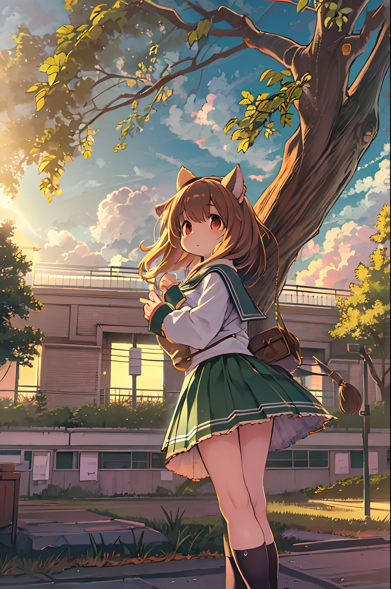 Sally Acorn, 1girl in, Solo, tree, skyporn, Outdoors, Skirt, cloud, brown, hair, Sunset, lens, f lare, Scenery, School, uniform, Sun, Wind, long, sleeves, animal snout