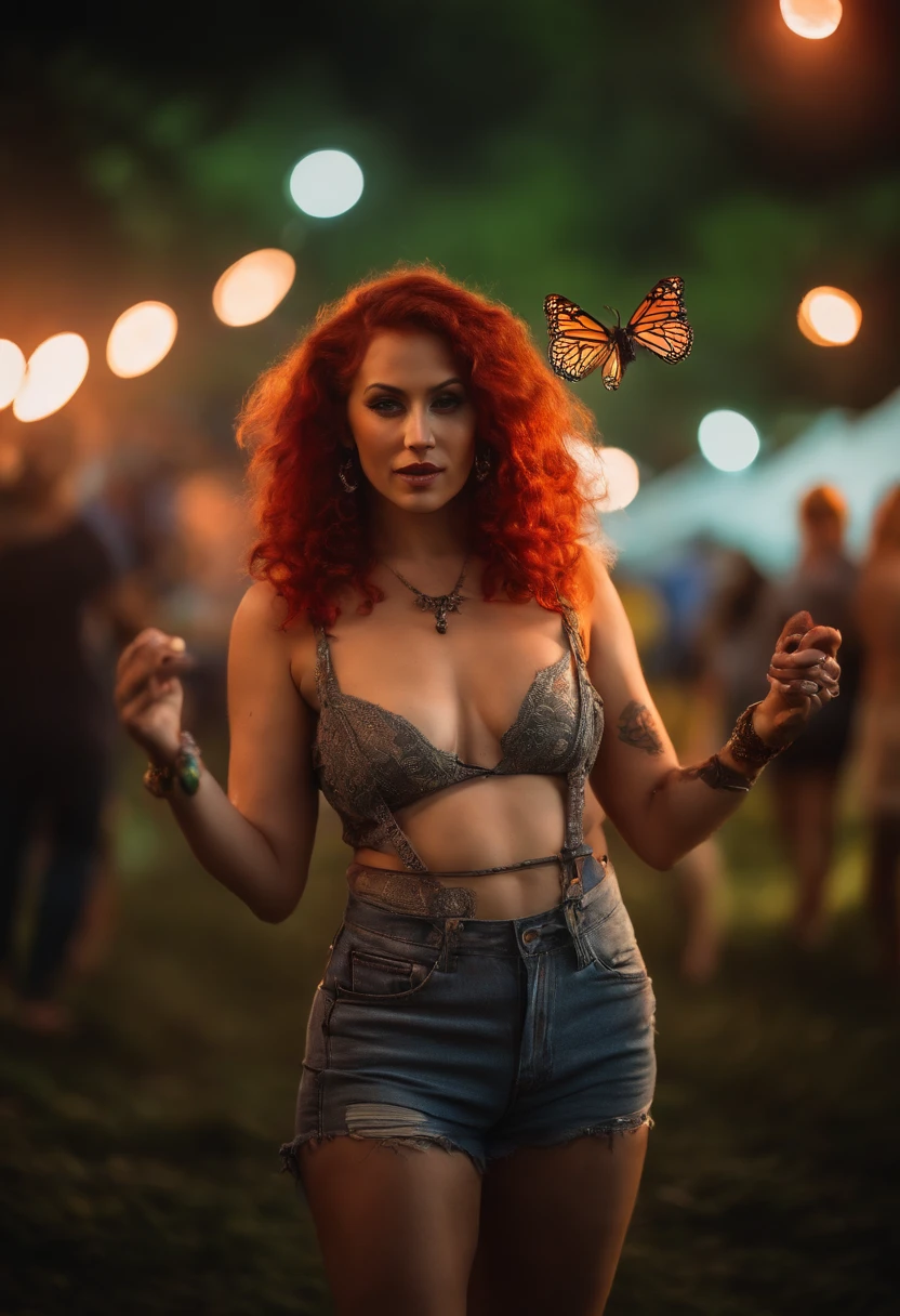 A vibrant photo of a thick size festival Hippy girl at rave, long curly red hair in pig tails, no bra, sweaty, pot belly, hot, tattoo of butterfly, loose white sun dress, VFX volume fog around, large cleavage, nighttime, super max, nipple poke, surreal, super detailed, high contrast, Hdr, photography, realistic, dof on, fov on, motion blur, lens flares on, 50mm Prime f/1.8, White balance, Super resolution, Megapixel, ProPhoto RGB, VR, high, epic, Rear half lighting, Lights background, natural lighting --no only one cigarette, one smoke