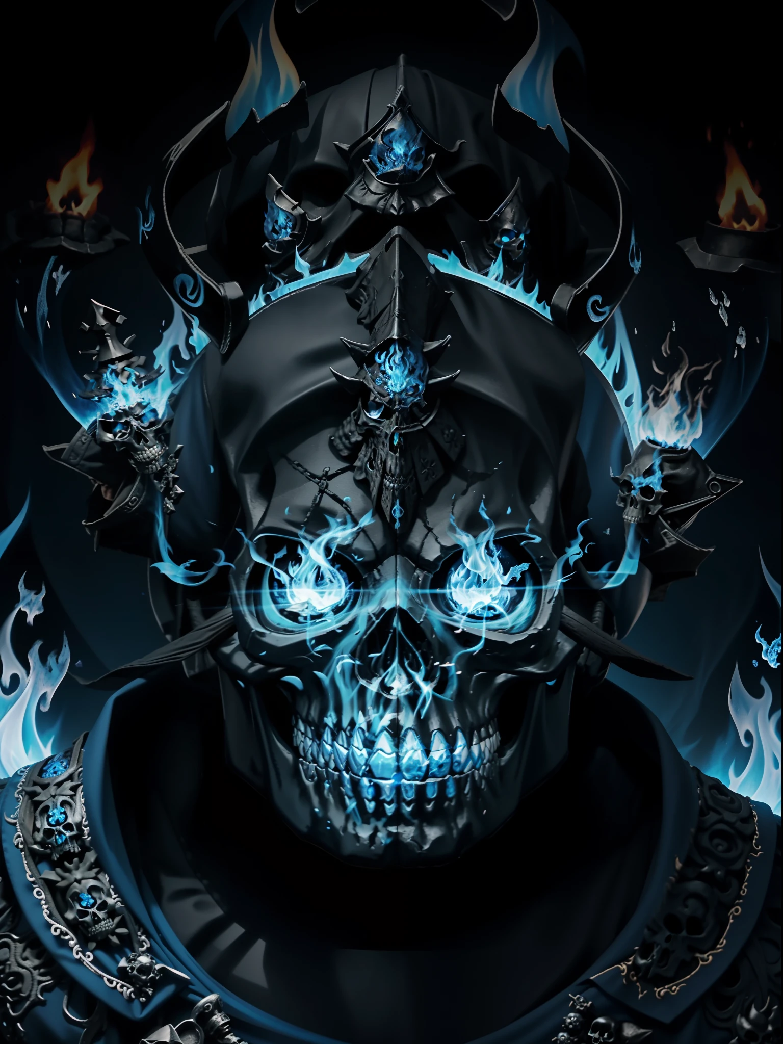Close up of skull with blue flame on black background, Burning skull, fiery skull contemplating life, fantasy skull, Blue Flame, Burning Reaper, Breathe in the blue flames, Magic Blue Fire, bluefire, On the blue flame, death skull, bluefire!, Blue flames surround, emerging from blue fire, Sacred skull, morphing skulls, Blue Flame, Blue fireball
