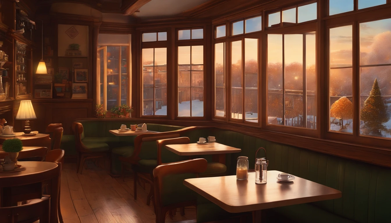 ghibli art, interior of a cafe, snowing outside window, video hi-res, cosy vibes