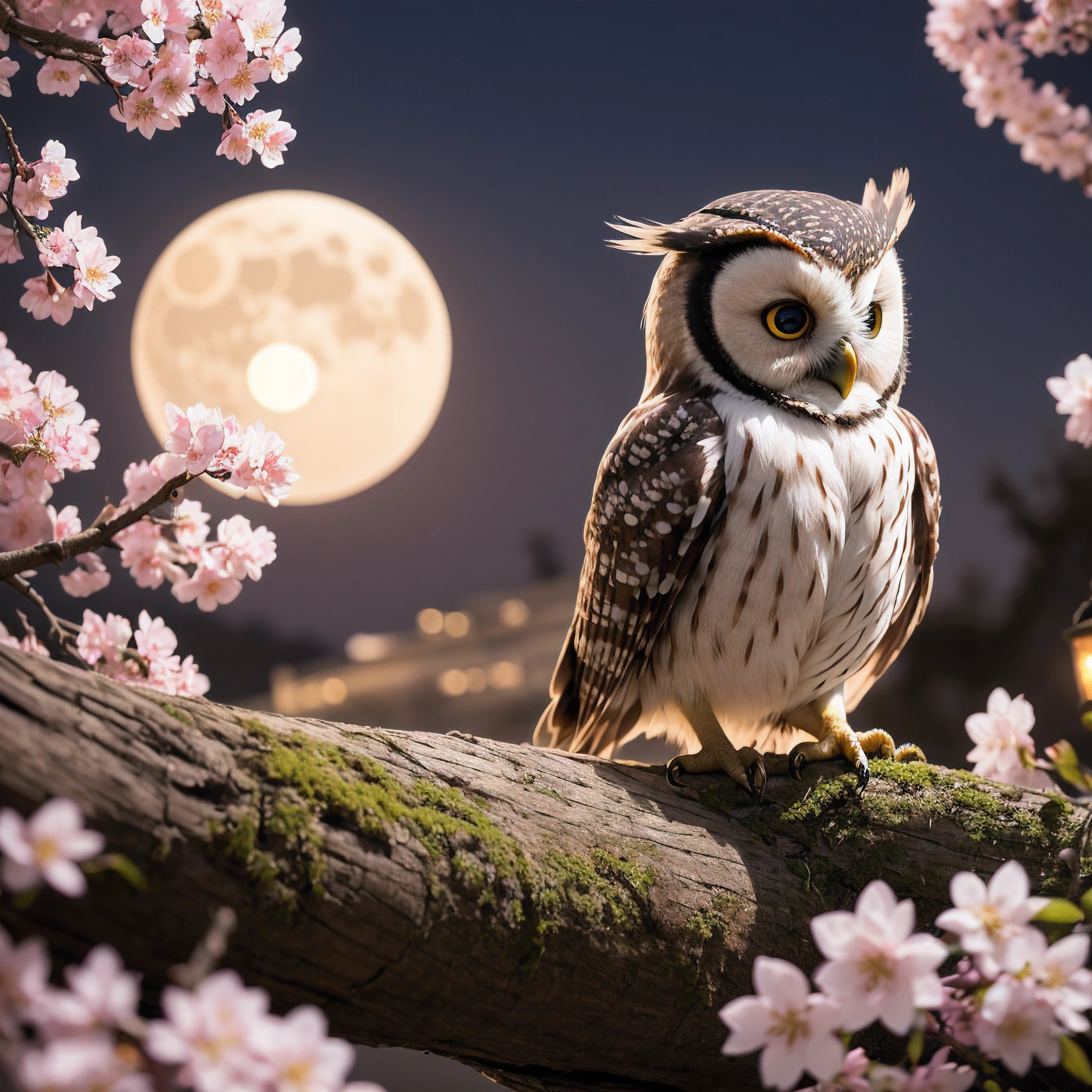 papercut an owl made of cherry blossoms in moonlight with a circular border