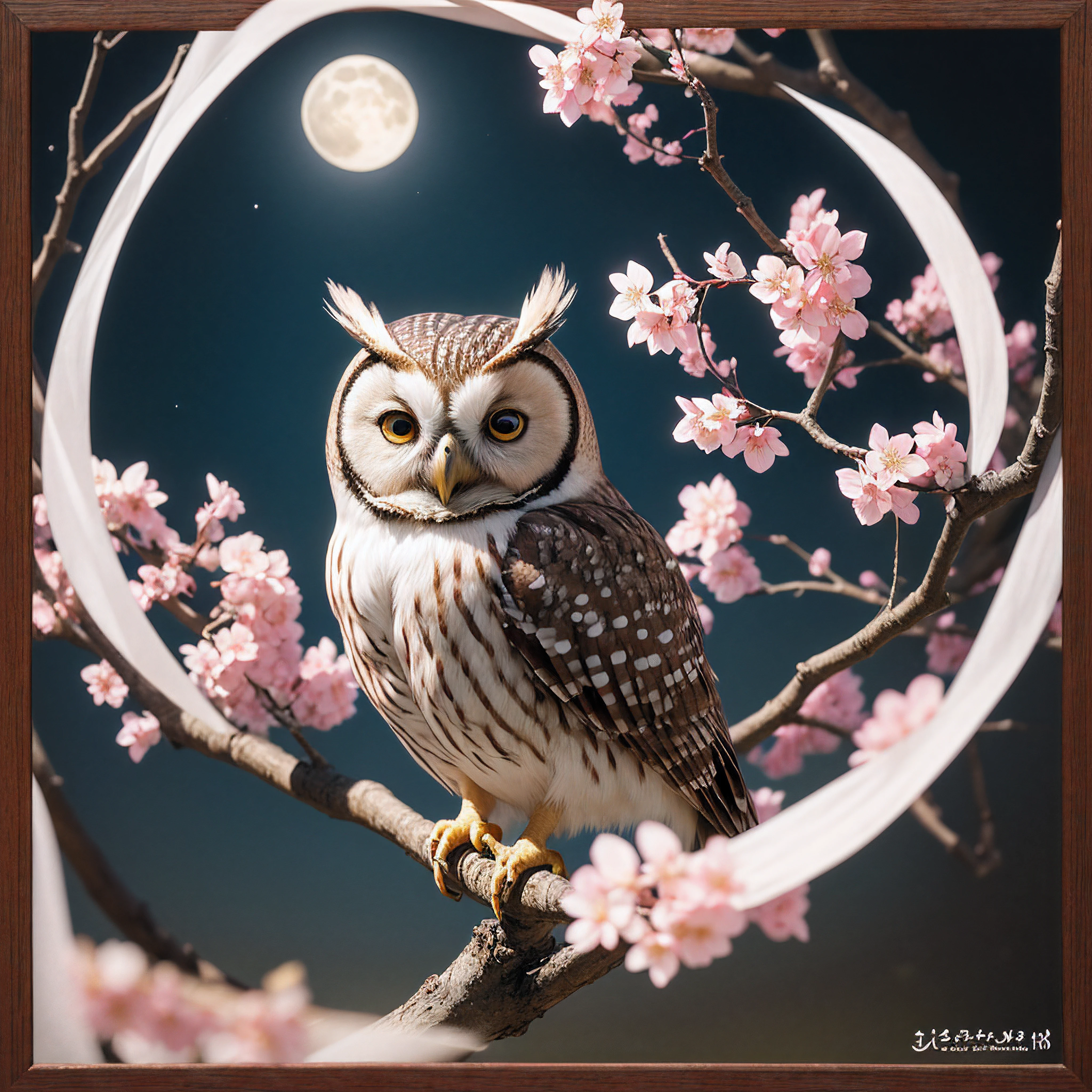 papercut an owl made of cherry blossoms in moonlight with a circular border