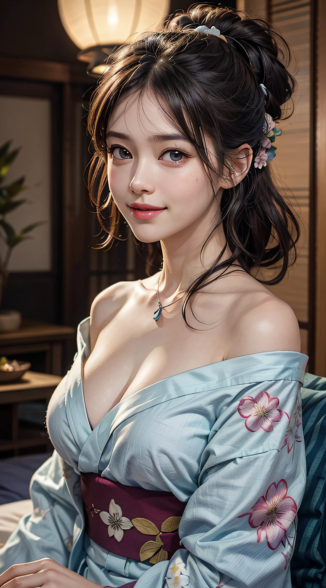 1girl, extremely cute face, Amazing face and eyes, (highly detailed eyes, highly detailed face), Fresh, very clean appearance, (hyper-realistic, hight resolution), (best Quality:1.4), Raw photo, (Realistic, Photorealsitic:1.37), Professional Photography, Cinematic Light, (floral pattern yukata:1.25), (amazing big breasts:1.1), (open yukata), (bare shoulders), (nape of the neck:1.5), Smile slightly, Staring at me, Bedroom, futon, pillow, floral patterned screens, relaxing, lantern light, candle light,