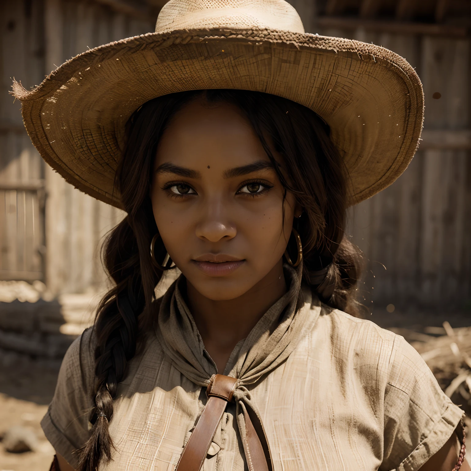 Sepia color "wanted" poster typical of the old west Anime style western holster clothing wide-brimmed hat, epaulettes, Texas rodeo boots, old west revolver Full body Name: Zuri Physical Characteristics: Zuri is a yo ung woman of African descent with a natural and striking beauty. Her skin is a warm ebony tone, with a healthy glow despite the hard days of work in the cotton field. His eyes are deep and expressive, a dark brown that highlights their intensity. Her hair, curly and thick, frames her face with an ebony cascade, and she often has a scarf or ribbon adorning her braids. Their facial features are harmonious, with pronounced cheekbones and soft lips that convey strength and determination.