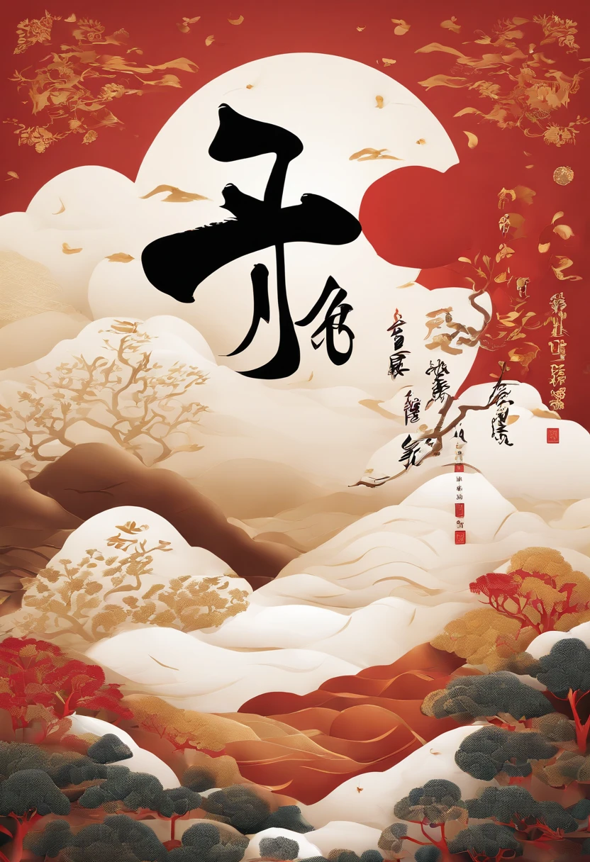 (((A pair of medieval calligraphy characters)))，Fu Zi:1.3，The base color is red，Font gold，The four-block diagram is surrounded by auspicious colored clouds，Calligraphy characters hang on the wall，Product graphics，Macro，Master masterpieces，Sony SLR lens，High- sharpness