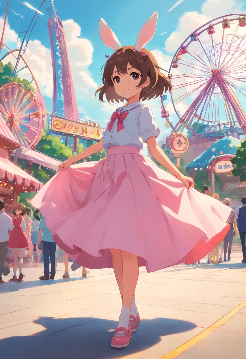 Little girl in a long skirt with a little rabbit hairpin compared to one hand，Holding a little rabbit dressed in pink and wearing a fanbow hairpin at a large amusement park, heart