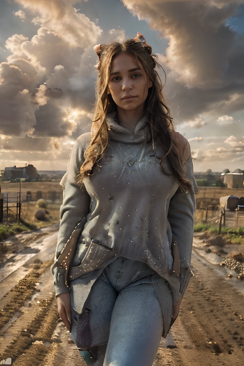 woman, (top view: 0.9), (all of the body: 2.2), RAW UHD photo of a blonde, (8k, Raw photo, Highest quality),(epic realistic:1.9), a woman, jaw dropping beauty, face,(detailed eyes:1.9),(looking at camera:1.8), (Highest quality), ( best deep rich shadow),Intricate details,cinematic,((skin:1.8)),exterior Midwest USA, (farm land gravel road:1.8), (glorious sky, low horizon:1.2), secret hideaway, outside, long hair updo, messy, (long hair:1.7),light brown hair,,(Hdr:1.5),Detailed, colors, Superior quality, ( glowing red orange sunlight: 1.6), Masterpiece, Raw Photo (30-year-old), beautiful, (she's standing:2.2), she's relaxed holding southwestern blanket in arms, relaxed, hugging, (pupil detail patterns:1.1),(vast Missouri, Nebraska, Kansas landscape:2.3, surrounding her), (clouds:1.9), lip detail :0.3, gravel dirt detail:1.1, warm footwear, harvest time, (wearing matte leggings, big (snug sweater:1.5)), messy, bright matted blonde hair up in a bun, messy updo:1.9), (standing peacefully on edge of plains, blanket , wearing blush matte leggings with sweater:1.1, ( horizon distance detail:2.3, ),show the her groin subtlety, sensual, perfect feet, perfect hands and fingers, red nail polish, natural, temperance, perfect composition of her body position, misty haze:1.5, golden ratioa;1.1 ,perfect composition in frame, full-length portrait, perfect face, perfect posture, Captivating eyes, Bright details, Tight lips, (High Skin Detail), (blue tint: 0.6), (sale: 0.9), (bloody: 0.7), Key lighting:0.4 , (backlight: 0.5), Medium depth of field, Canon 5d, 50mm lens, f/4 apertures, (Ultra-detailed, Complex detail), sharp focus, soft colors, 8k, 80mm, photography, relaxed with camera