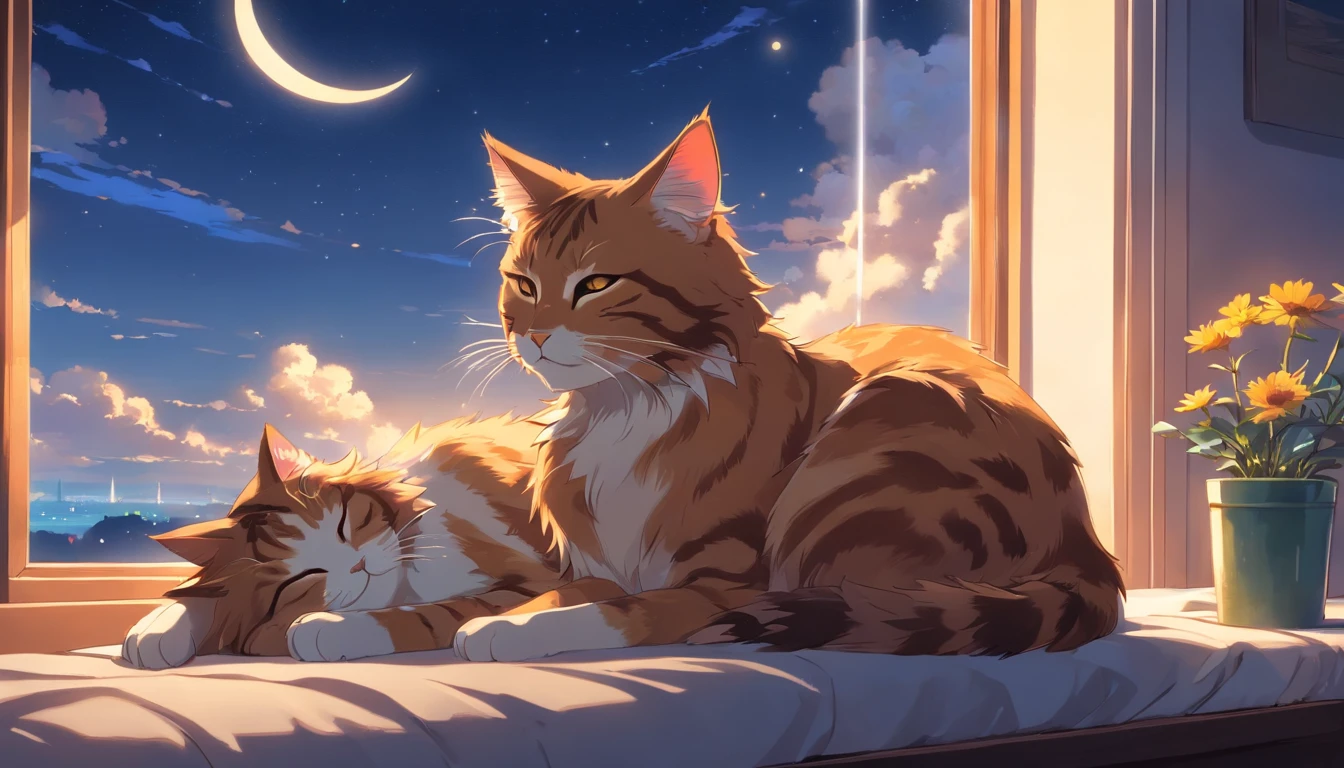Cat sleeping on pillow, Cup of tea with steam, ,Beautiful landscape window, nigh sky, Moon,Maine Coon