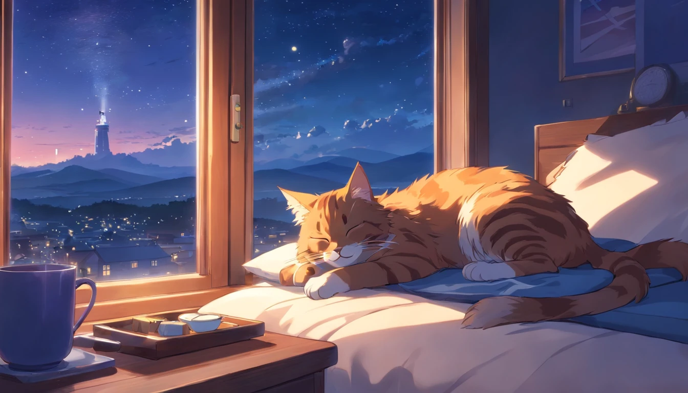 Cat sleeping on pillow, Cup of tea with steam, ,Beautiful landscape window, nigh sky, Moon,Maine Coon