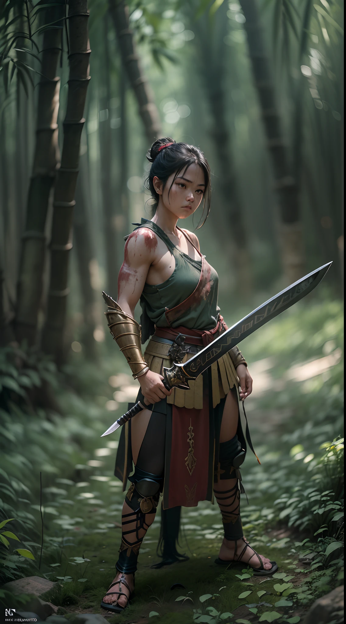 Original photo of a female gladiator, Stand in a fighting stance, In his hand is a sword drawn from its scabbard, preparing to fight,(Horror), (Wearing a tattered samurai top),(Leaking muscle),(Wind in the bamboo forest), (The wind lifts the leaves), Wounds on the shoulders,((Bloody )). ( High skin detail: 1.2), 8K UHD, SLR camera, Soft lighting, High quality, filmgrain, Fujifilm XT3