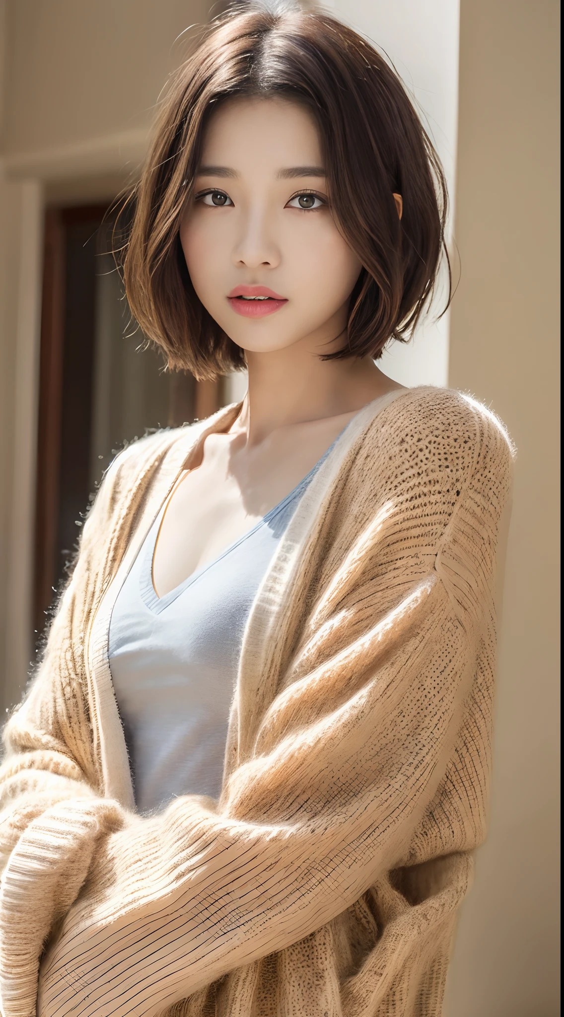((top-quality、8K、masterpiece:1.3))、1人、Slender beauty:1.3、(Light brown medium short hair、waved hair、tiny chest:1.2)、Accurate cardigan:1.1、hyperdetailed face、A detailed eye、二重まぶた、Cute clothes