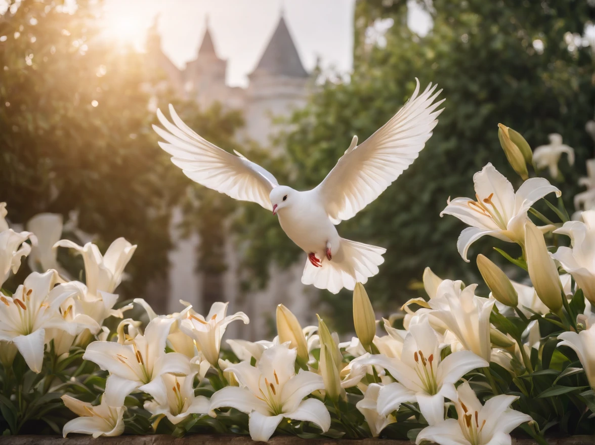 A white dove flies over a bush of white lilies, The city is in ruins, look at a camera, soft volumetric lights, (backlit:1.3), (cinematic:1.2), intricate details, (ArtStation:1.3),