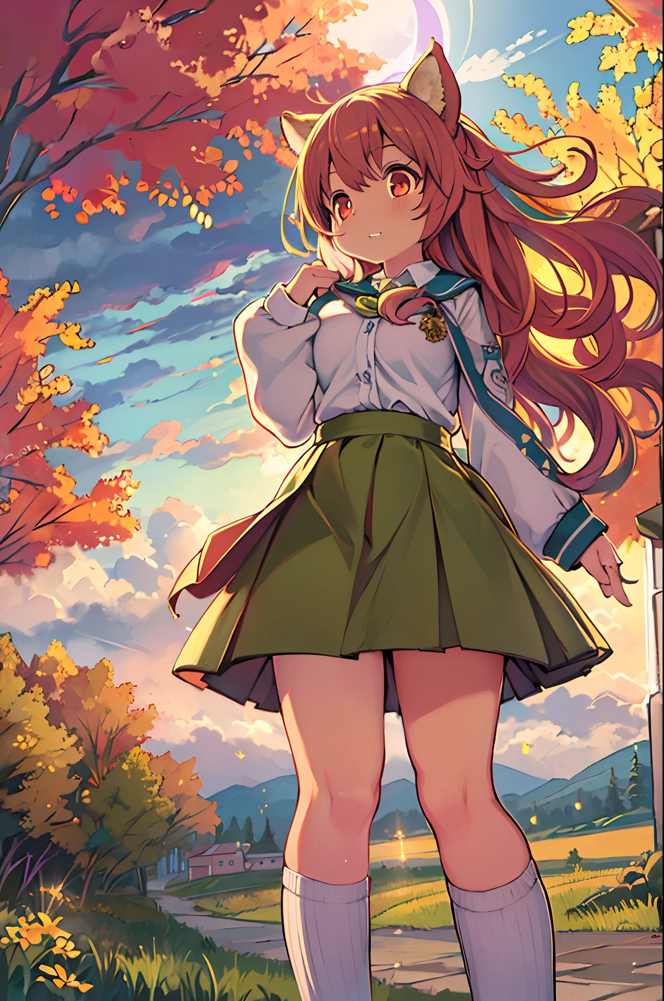 Sally Acorn, 1girl in, Solo, tree, skyporn, Outdoors, Skirt, cloud, brown, hair, Sunset, lens, f lare, Scenery, School, uniform, Sun, Wind, long, sleeves, animal snout
