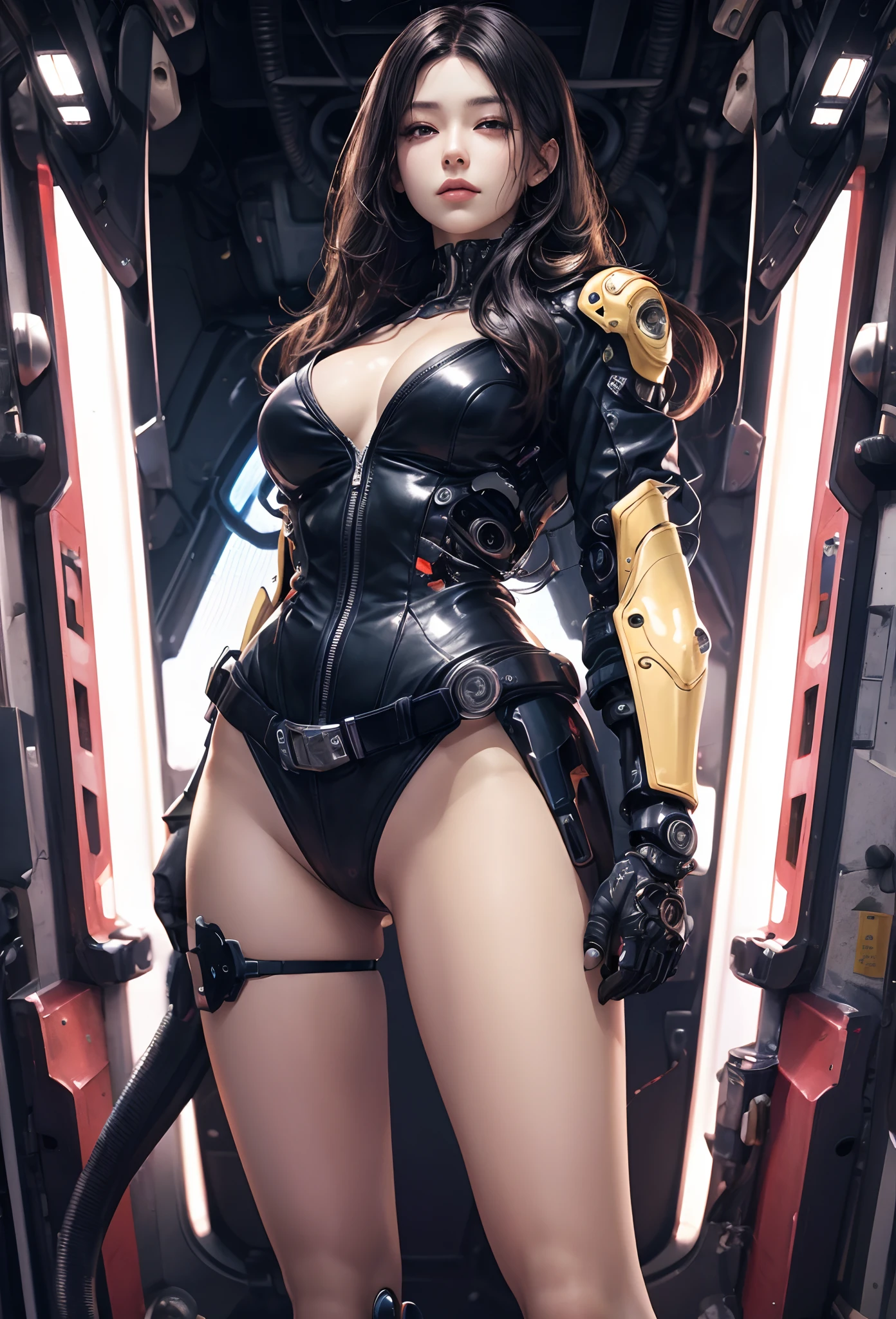 (Detailed illustrations,Very detailed and detailed drawing,Delicate lines with slow and rapid,Realistic texture expression),[Color tressed main line],[Briefing Room Background],([HENTAI] ANIME (JapaneseGirl (Beautiful fece) Cyborg ) [Wild Hair]) well-muscled [[KARATE]] Both arms of the machine [Built-in V8 engine:0.3],(Black leather jacket) ([a tiger] Translucent rubber inner) [Tiger Stripe],[[Chrome coating:0.5]],(Science Fiction Mechanical [Bioengineering]),(Intricate and beautiful decoration [Dense detail]),(Fine and beautiful skin expression [Transparency]),[Perfect eye details (Iris beautifully drawn in every detail)[Jewel-like eyes]],[long and beautiful eyelashes],[Meticulously drawn hair [More on beautiful and shiny hair]],(Perfect hand details [Beautiful fingers without breakdowns [Beautiful nails]]),(Perfect Anatomy (Perfectly proportioned)) [[Full body like]],[Ideal color coordination(Accurate simulation of light-material interactions)],(HighQuality,[Precision Detail] hight resolution,(detaileds,high-detail)),[Visual art that conveys a sense of narrative].